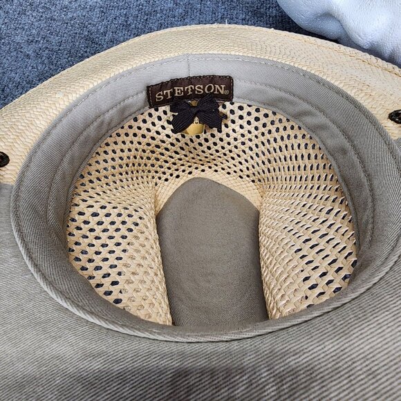 STETSON Airway Natural Straw Vented Panama Safari Hat Large Chin Strap Travel - Picture 13 of 16